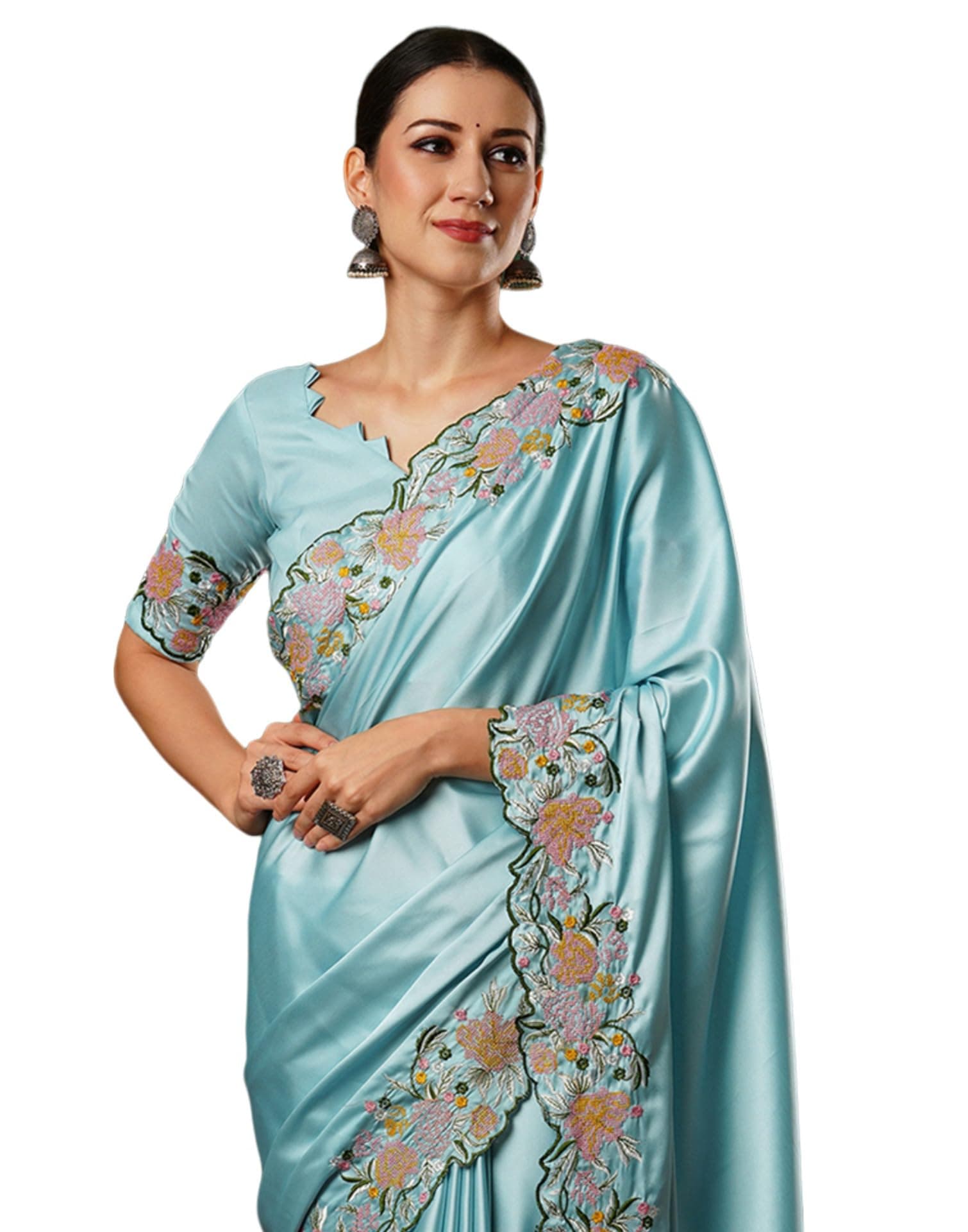 SIRIL Women's Satin Embroidery And Scalloped Border Saree With Unstitched Blouse Piece