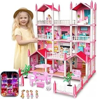 Princess Castle Toy for Girls, Dream House Dollhouse, Pink Mansion with 14 Rooms, 2 LED Lights and 4 Dolls, Kids Toy House (4 Floors, 14 Rooms)