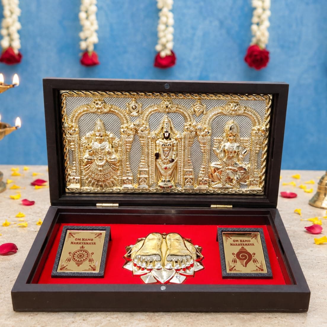 Tirupati Balaji Lakshmi Padmavathi Gold Plated Photo Frame, Brown Gold | Charan Paduka Pocket Temple, Diwali Gift, House Warming Gifts, Return Gift Puja Box