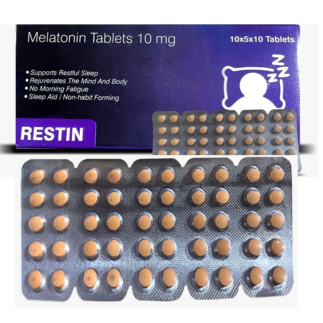 RESTIN SLEEPING MELATONIN TABLETS 10 MG FOR MEN AND WOMEN | Deep Sleep Oral Dissolving Mini Mints Effervescent Supporting Restful Sleep | (10 x 5 Tablets) 50 PC