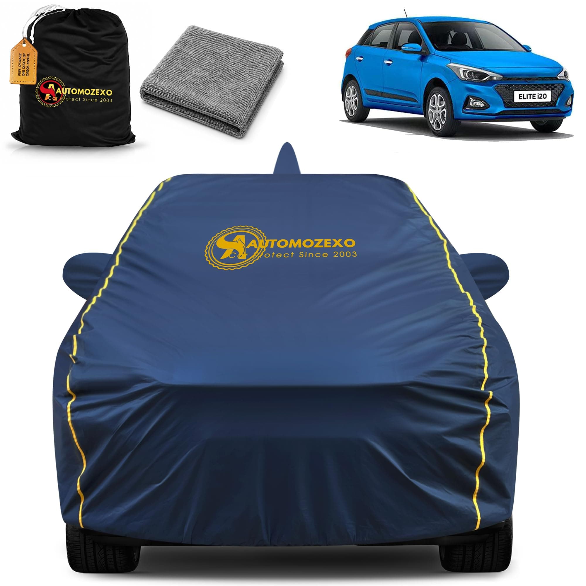 AUTOMOZEXO® Hyundai Elite I20 100% Waterproof Car Cover(Midnight Blue) 6LYR HDPE 200gsm Strong Fabric for All Weather Protection, Mirror & Antenna Pocket, Cotton Layer Cover, Adjustable Elastic straps
