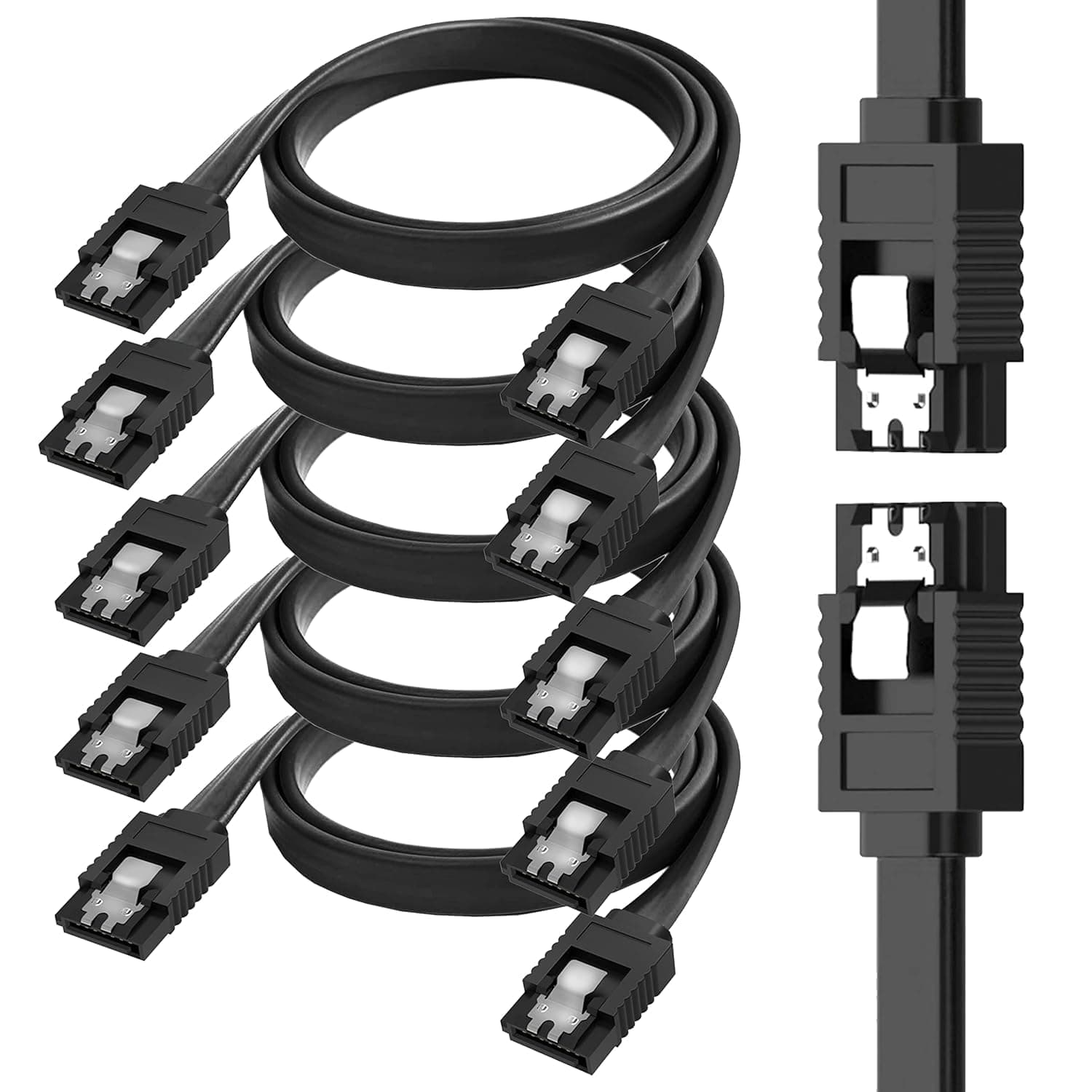 ETZIN 5-Pack 50cm SATA 3 6.0 Gbps Data Cable with Locking Latch for HDD & SSD (Black - Straight with Both Side Locking Latch)-(EPL-255TC)