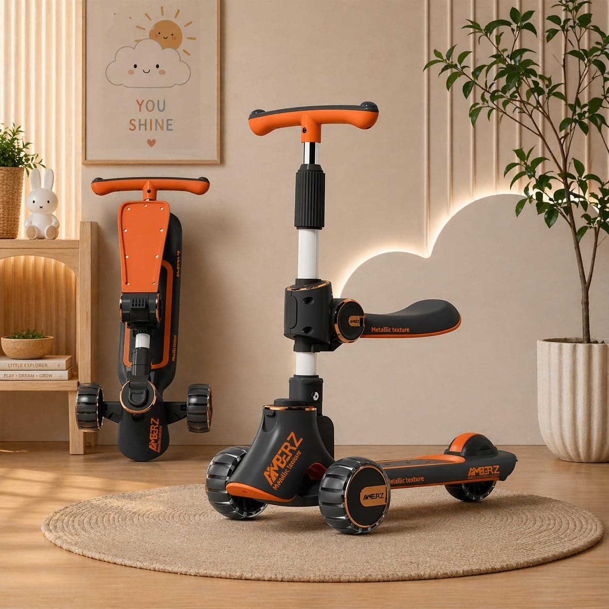 AMBERZ Multi-Functional 2 in 1 Kids Kick Scooter with Foldable Seat | Adjustable Handlebar | PU LED Flashing 3 Wheels | for Boys & Girls Age 3-14 Years. (KS-110 Black)
