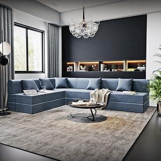 Wakefit Polyester Sofa Cum Bed | 5 Year Warranty | 6 Seater, L - Shape Sofa Bed 6 X 6 Feet, Foldable Sofa Cum Bed with 5 Cushion - Flipper (Omega: Blue)