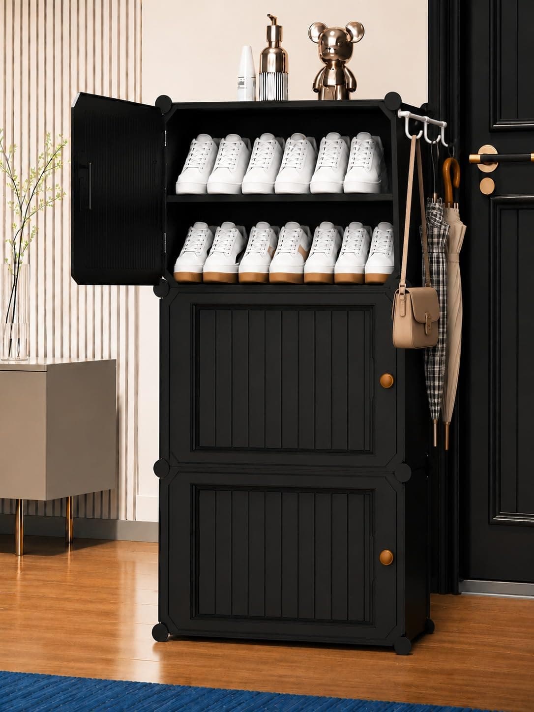 EXVITO Portable Modular Plastic Shoe Cabinet with Doors, 6-Tier Stackable Shoe Rack Organizer, Dustproof Waterproof Shoe Storage Cabinet, Space Saving Entryway Shoe Shelf - Grey