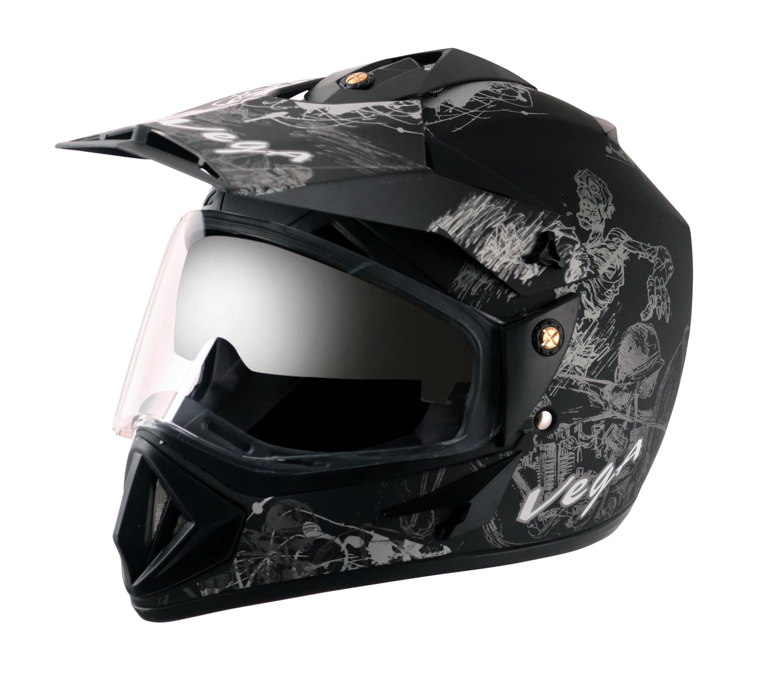 Vega Off Road Sketch ISI Certified Matt Finish Full Face Dual Visor with Peak Helmet for Men and Women Outer Clear Visor and Inner Smoke Sun Visor(Dull Black Silver, Size:L)