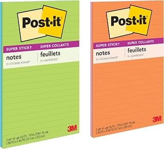 Post-It Super Sticky Notes, 5 x 8-Inches, Assorted Ultra Colors, Lined, 2-Pads/Pack | School Supplies and Oﬃce Supplies, 2X the Sticking Power