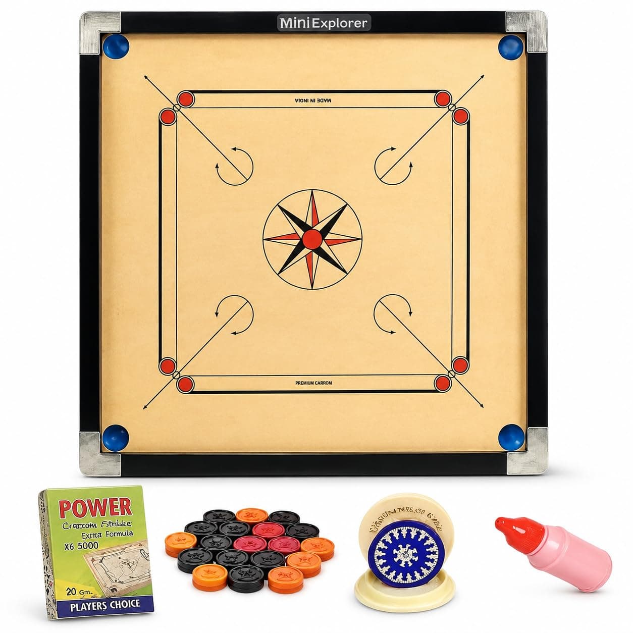 MiniExplorer Mini Explorer Matte Finish Carrom Board for Professional Practice | Full Set with Coins, Striker & Powder | Smooth Surface & Reinforced Back | Indoor Game for Adults & Kids - 26 Inch