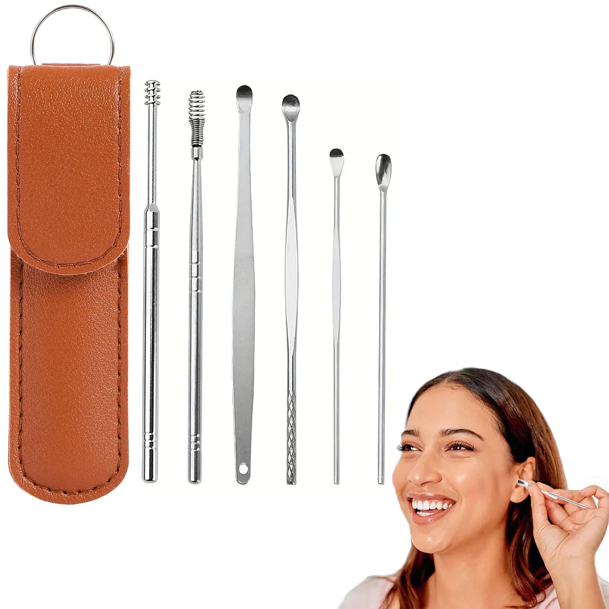 KLIFFOO 6 in 1 Ear Wax Removal Cleaning Tool for Adults & Kids, Reusable Earwax Cleaner with Leather Pouch, Stainless Steel Ear Pick Curette and Ear Buds Cleaner, Spiral and Spring Ear Cleaner Kit