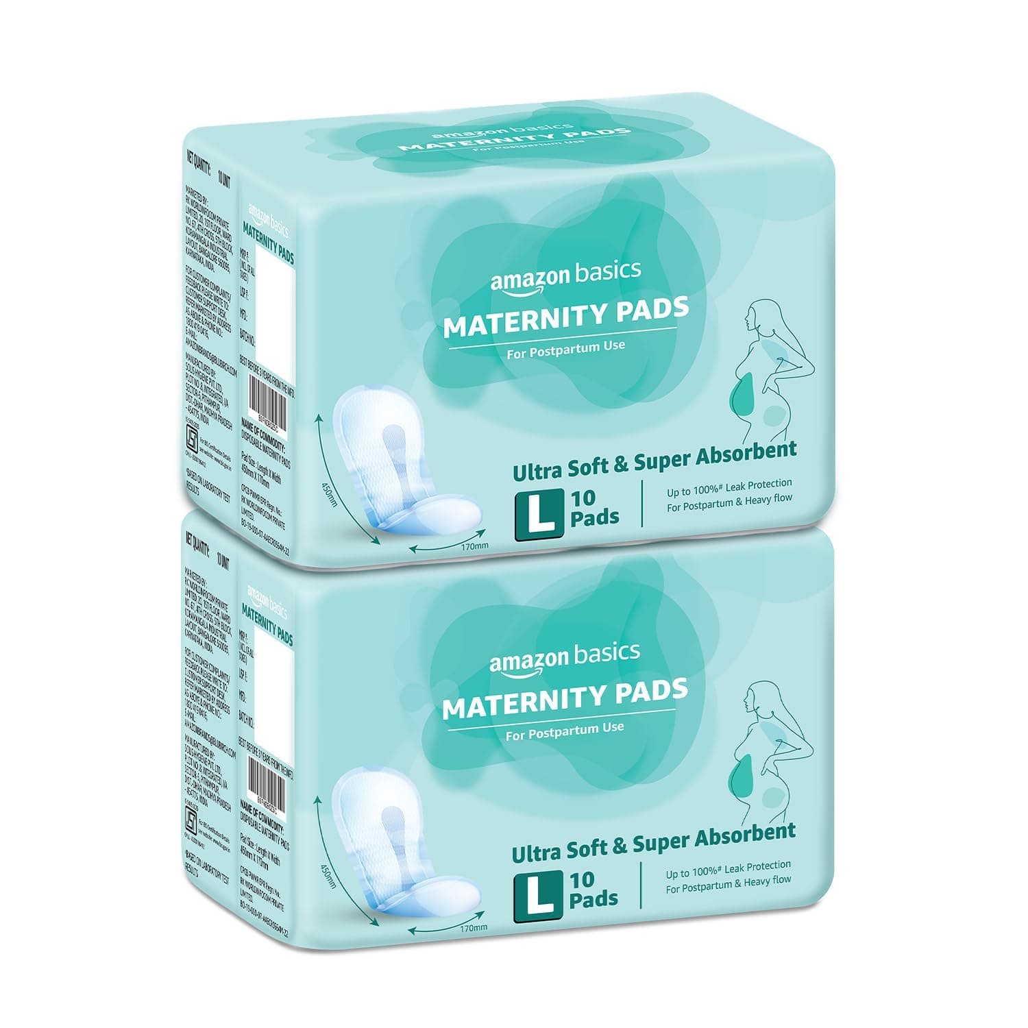 Amazon Basics Maternity Pads | Large | 450mm | Upto 650ml High Absorption | Breathable Top Layer | Contoured Slim Fit | Postpartum & Heavy Flow Protection | 20 Count (10 x Pack of 2)