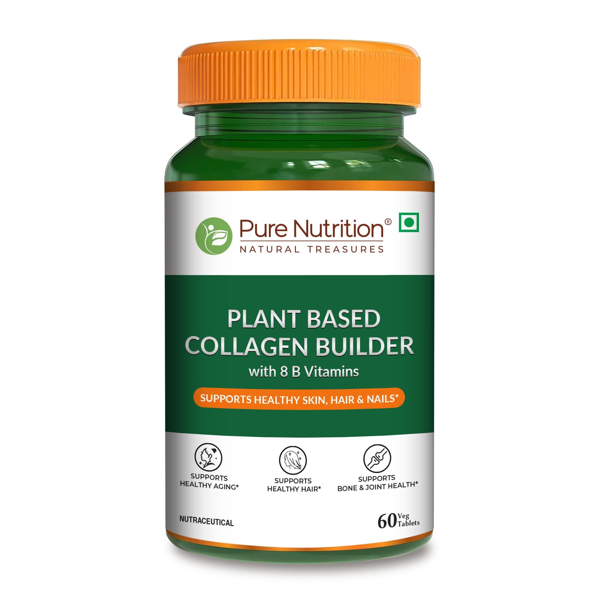 Pure Nutrition Veg Collagen Supplement for Men & Women | Plant Based Collagen Builder Made from Biotin, Vitamin C & 8 B Vitamins | For Glowing Skin, Strong Hair & Nails, Joint Support & Bone Health – 60 Veg Tablets