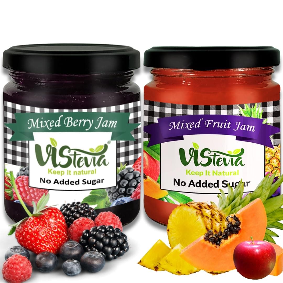 Vistevia Sugar Free Combo of Mixed Fruit Jam & Mixed Berry Jam, Diabetic and Keto Friendly - Sweetened Naturally with Stevia, More Than 60% Berry Content - Tastes Delicious - Pack of 2 (220 * 2GM)