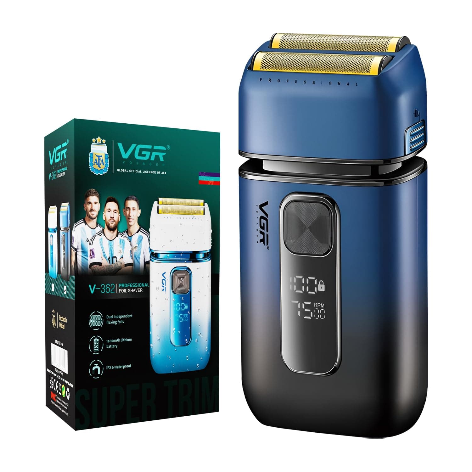 VGR V-362 SUPER TRIM Foil Shaver for Men | Titanium Dual Foils | 2 Speeds (7000/7500 RPM) | IPX-6 Waterproof | Rechargeable | LED Display | Travel Lock with 2 Year Warranty (Blue, Black)