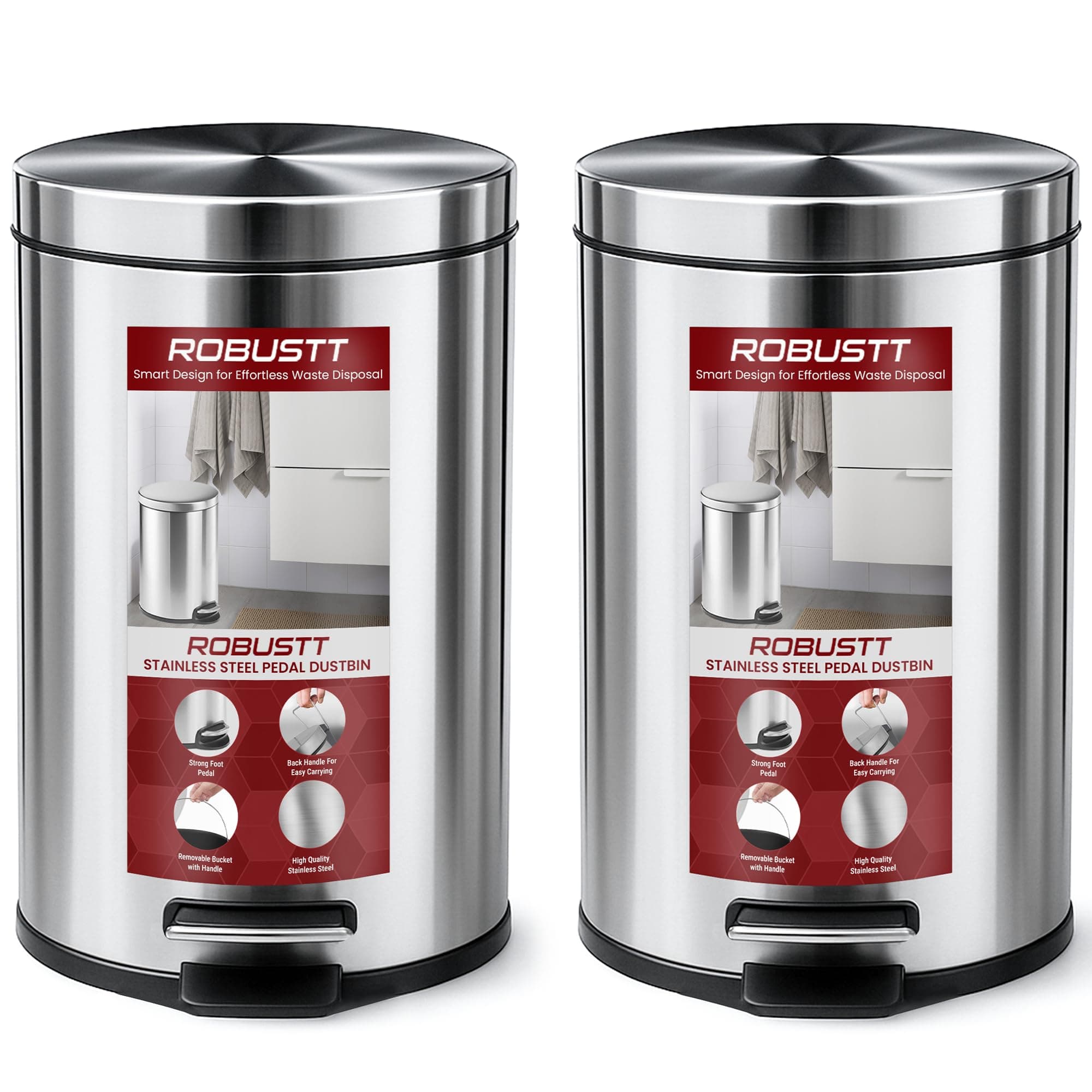 Robustt Dustbin with Pedal - 5L | Silver Stainless Steel trash can | 7 Inch (W) x 10 Inch (H) | Small Trash Can for Bathroom, Bedroom, Toilet, and Kitchen � Durable & Corrosion-Resistant - Pack of 2