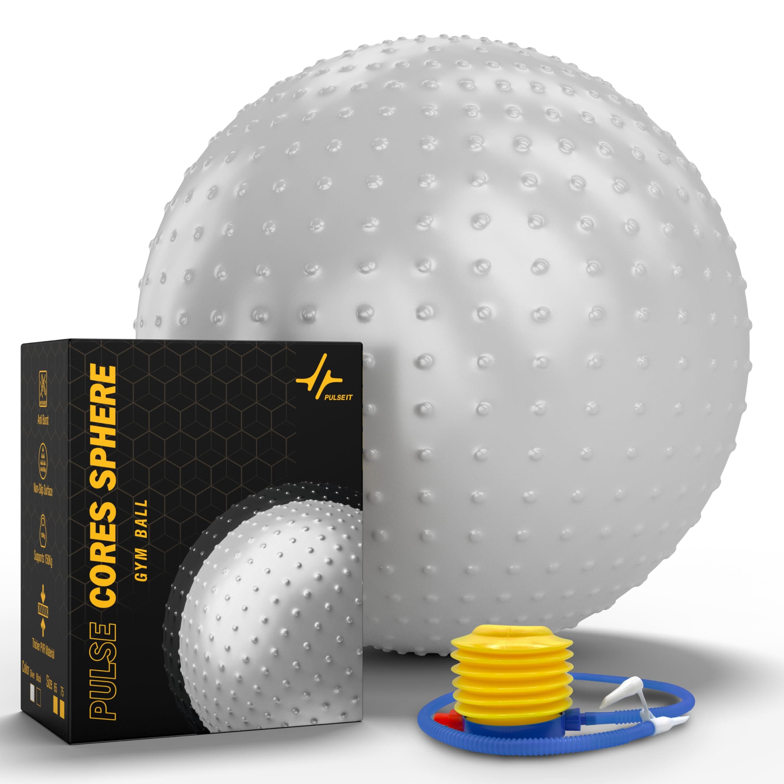 PulseITFlexSphere Anti-Burst Spiky Gym Ball with Foot Pump Exercise Stability Ball for Yoga, Pilates, Balance Training, Core Strength, Home & Office Fitness for Men & Women (65cm-Silver)