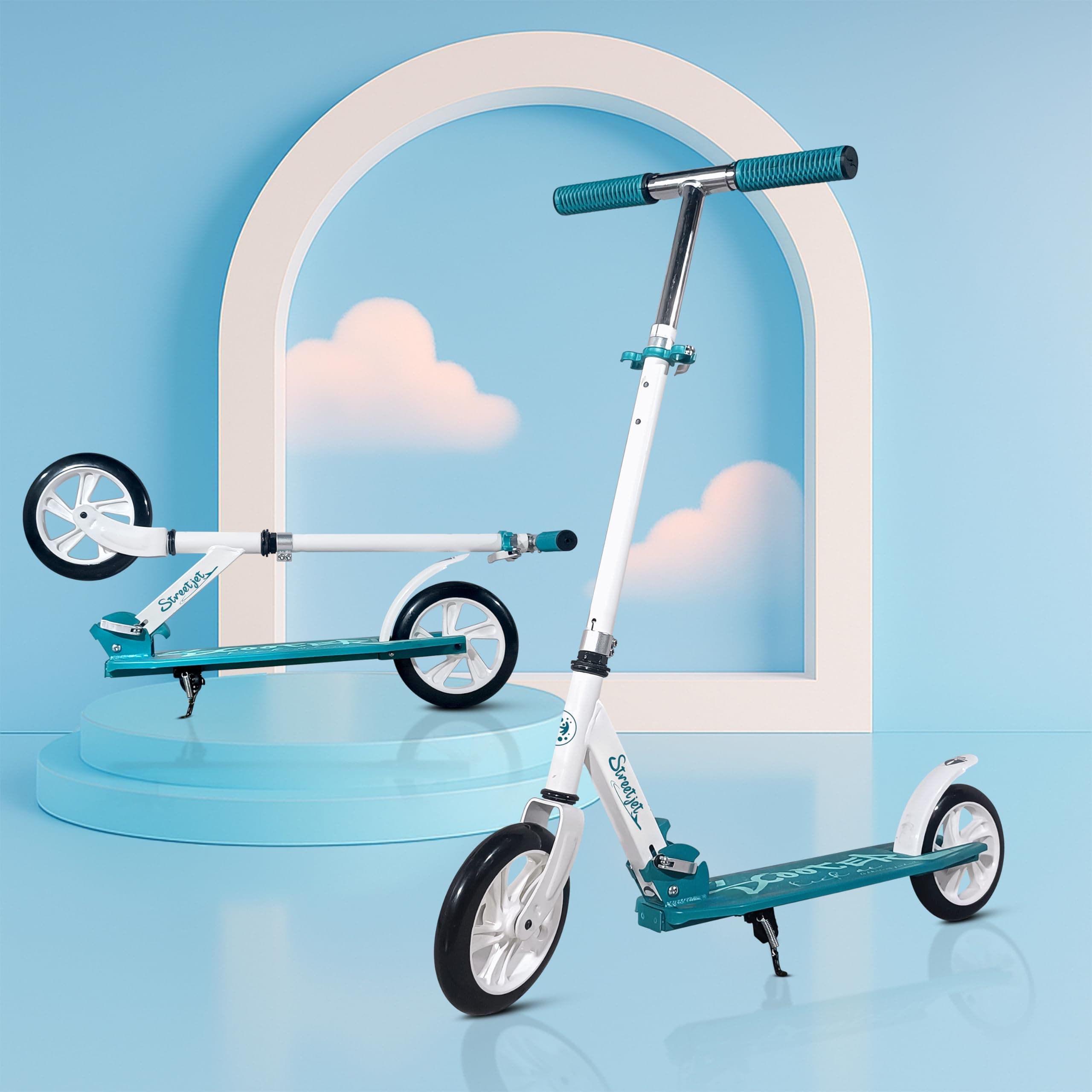 Kidsmate StreetJet Kick Scooter for Aged 6 Years and Above | Kids & Adult Scooter | 2 Wheel Scooter, Foldable Design, 3 Adjustable Height Options with Rear Braking Kick Scooter-Max Load 80kg (White)
