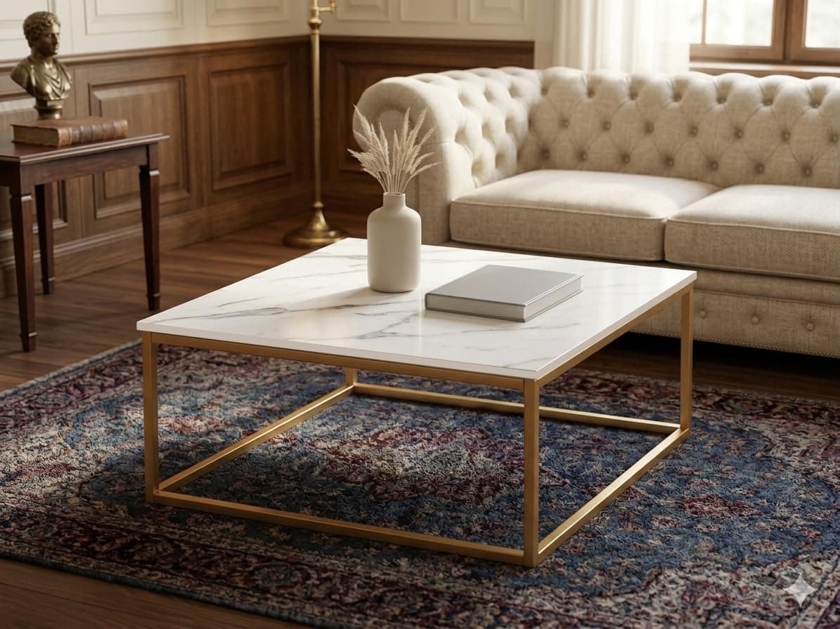 Welltrade Handmade Square 24"x24" Coffee Table/Nesting Table/Side Table/Center Table with Marble Finish Top for Living Room/Drawing Room (White & Gold)