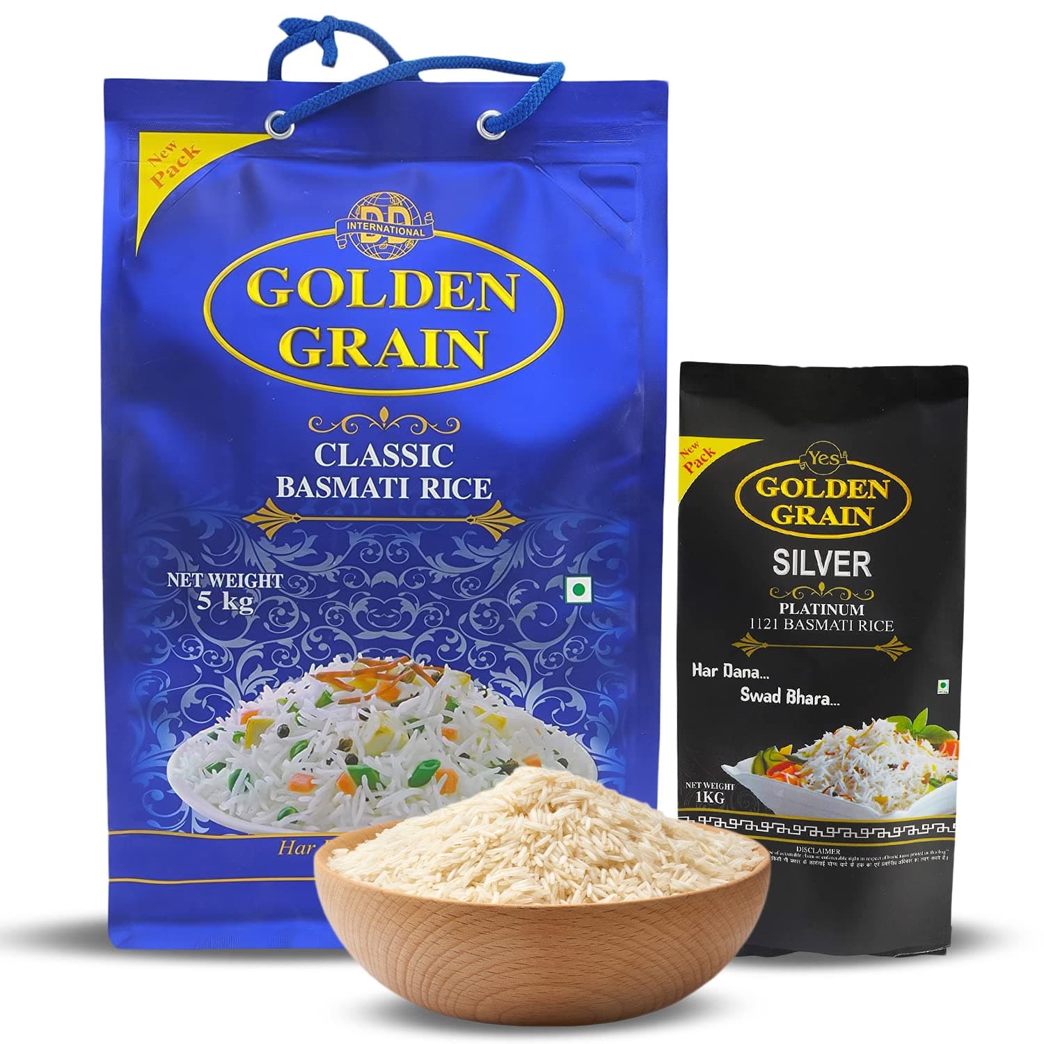 GOLDEN GRAIN Classic Basmati Rice 5Kg + Silver Platinum 1Kg Combo | Long Grain 3X With Rich Aroma Naturally Aged & Non-Sticky | Fluffy Basmati Grains | Perfect Authentic Super Basmati Rice, Pulao Rice