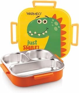 WARMEO Jerry Insulated Lunch Box with Three Compartment BPA Free, Kids Lunch Box,Food Grade Ideal for School, Picnic, Office & Outdoor - 500ml Dino, Stainless Steel