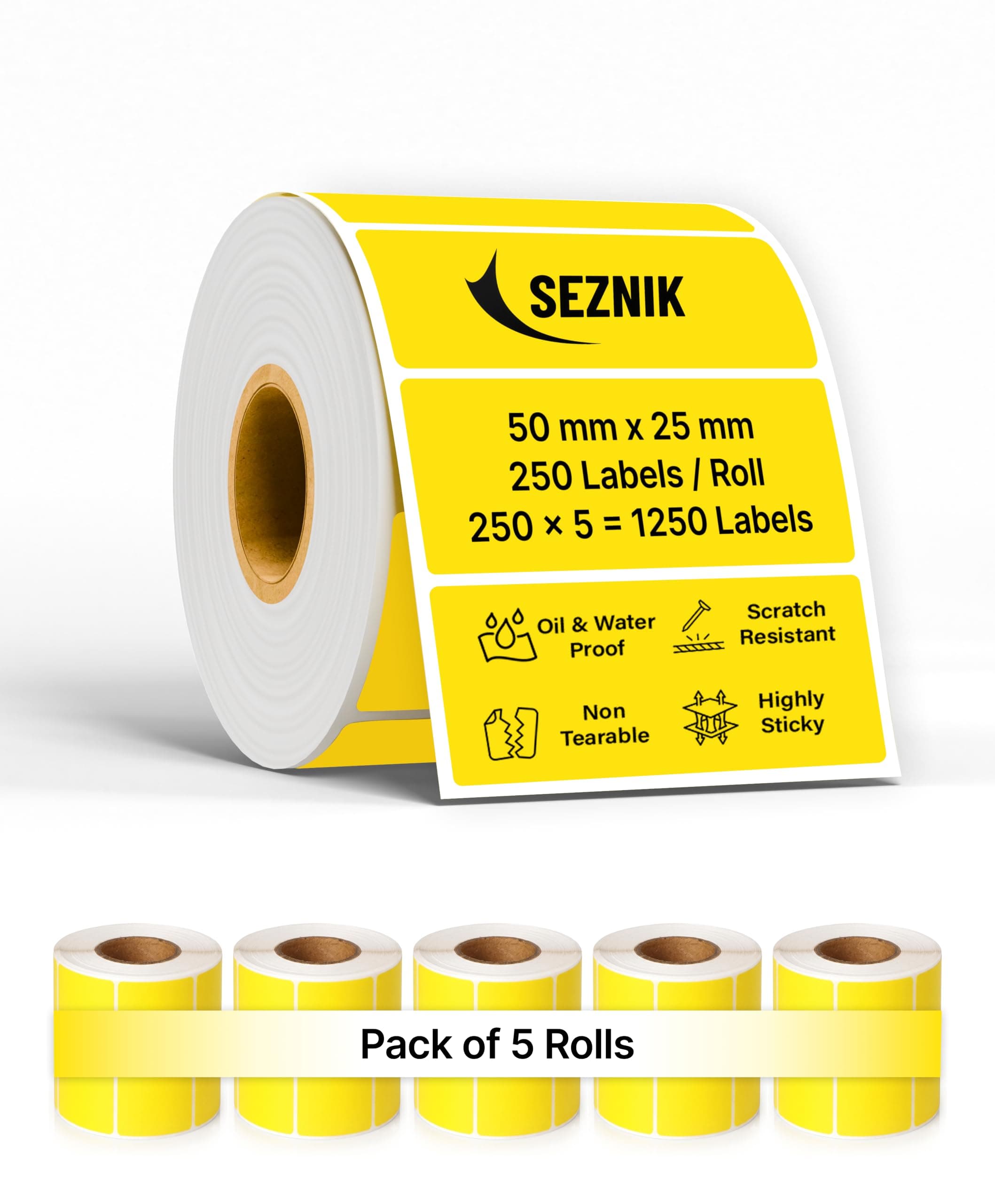 SEZNIK Waterproof, Non-Tearable, Long Lasting Print, Sticky Thermal Lables, Label Roll, 2 inch Adhesive Thermal Labels for Label Printers (50mmx25mm) - 1250 Lables, Yellow