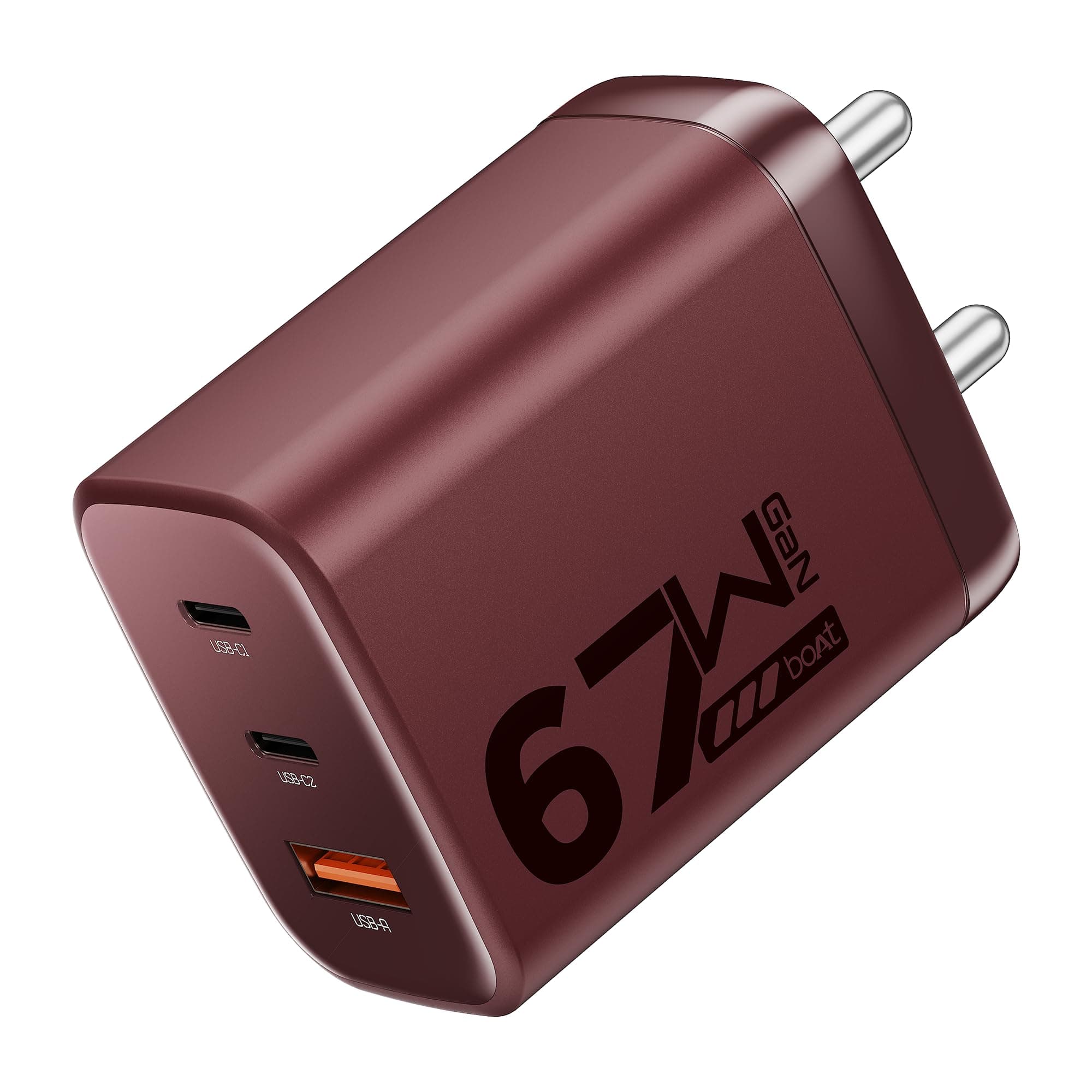 boAt 67W GaN laptop Charger, Ultra-Fast Triple Port Fast Charge, Compact & Lightweight,Supports iPhone, ipad, Android, Laptops, Macbooks,HP, Dell, Lenovo, Asus, Tablet (For 65W charging) (Monarch Red)
