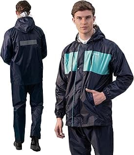 Lifelong Lifelong Men's Raincoat Set | Waterproof Polyester Double-Coated Reversible Rain Suit | Hooded Jacket with Inner Mobile Pocket & Pants | Standard Length for Hiking,Camping XL Navy Blue with Aqua Green