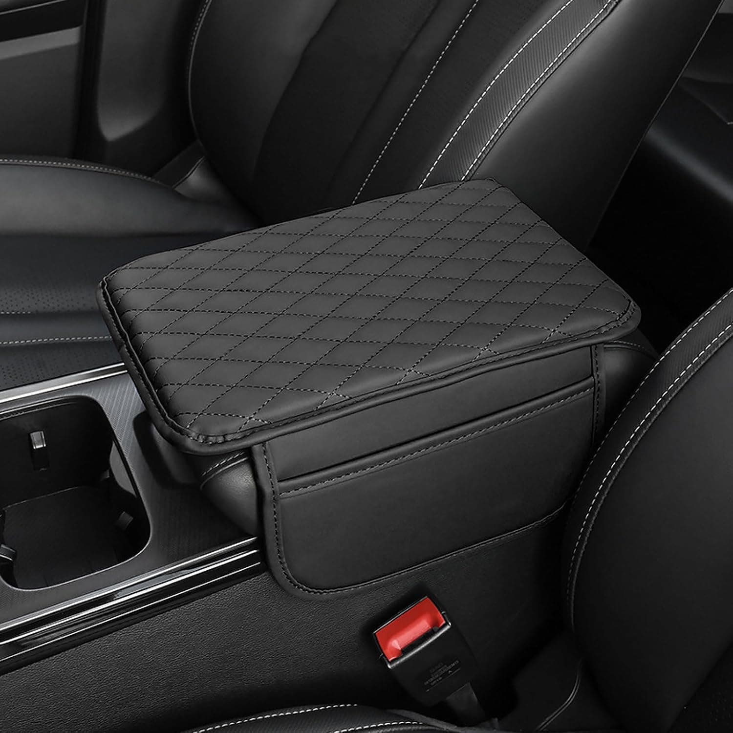 AQUIRI Car Armrest Cover Pad – PU Leather Center Console Cushion with Dual Phone Pockets | Universal Fit for SUV, Truck, Car | Ergonomic Arm Support & Seat Box Protector (Armrest-Cover-Black-1)