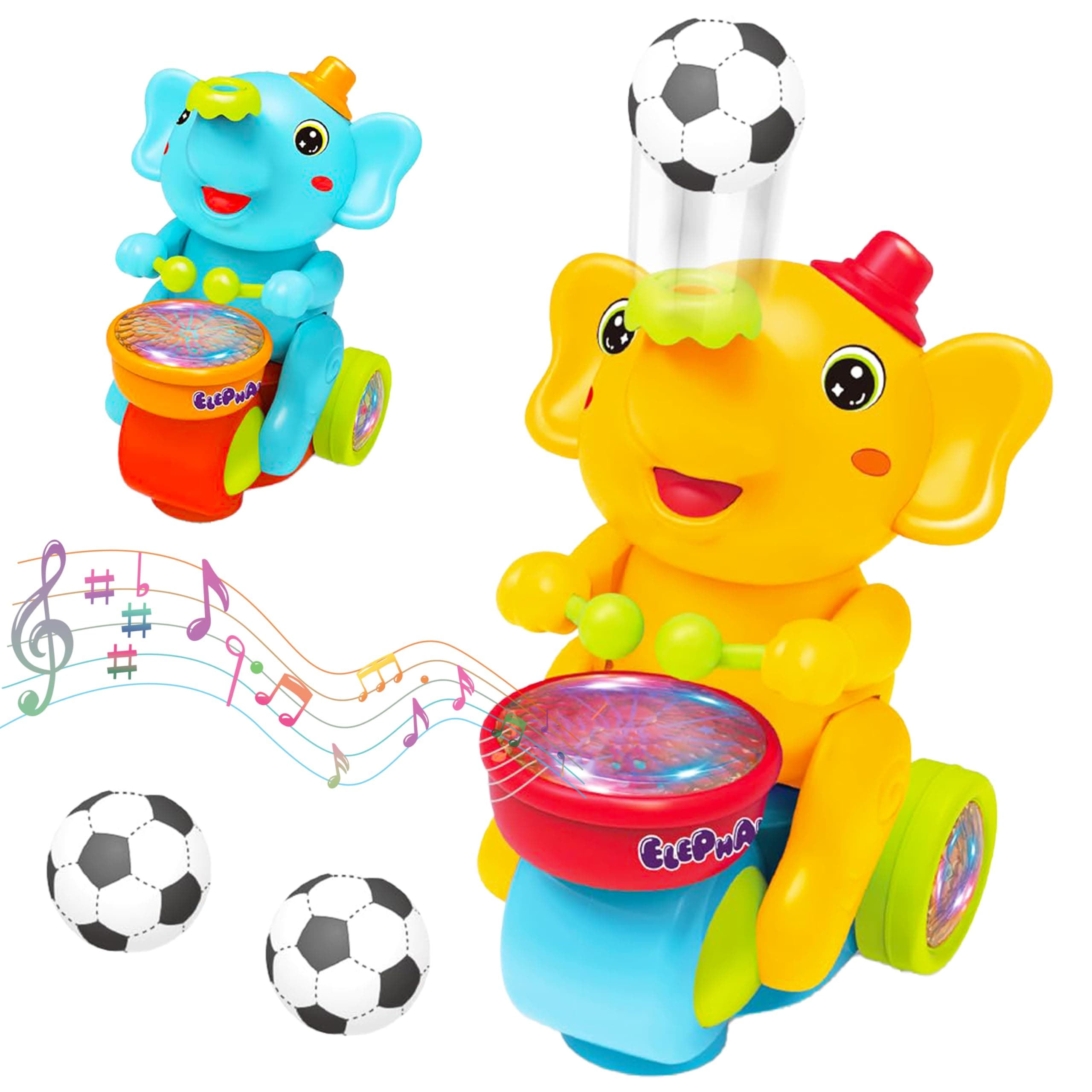 VGRASSP Drummer Elephant Levitating Ball Toy for Kids with Flashing LED Lights and Music - Battery Operated Bump and Go Beating Drum Toy - Color As Per Stock