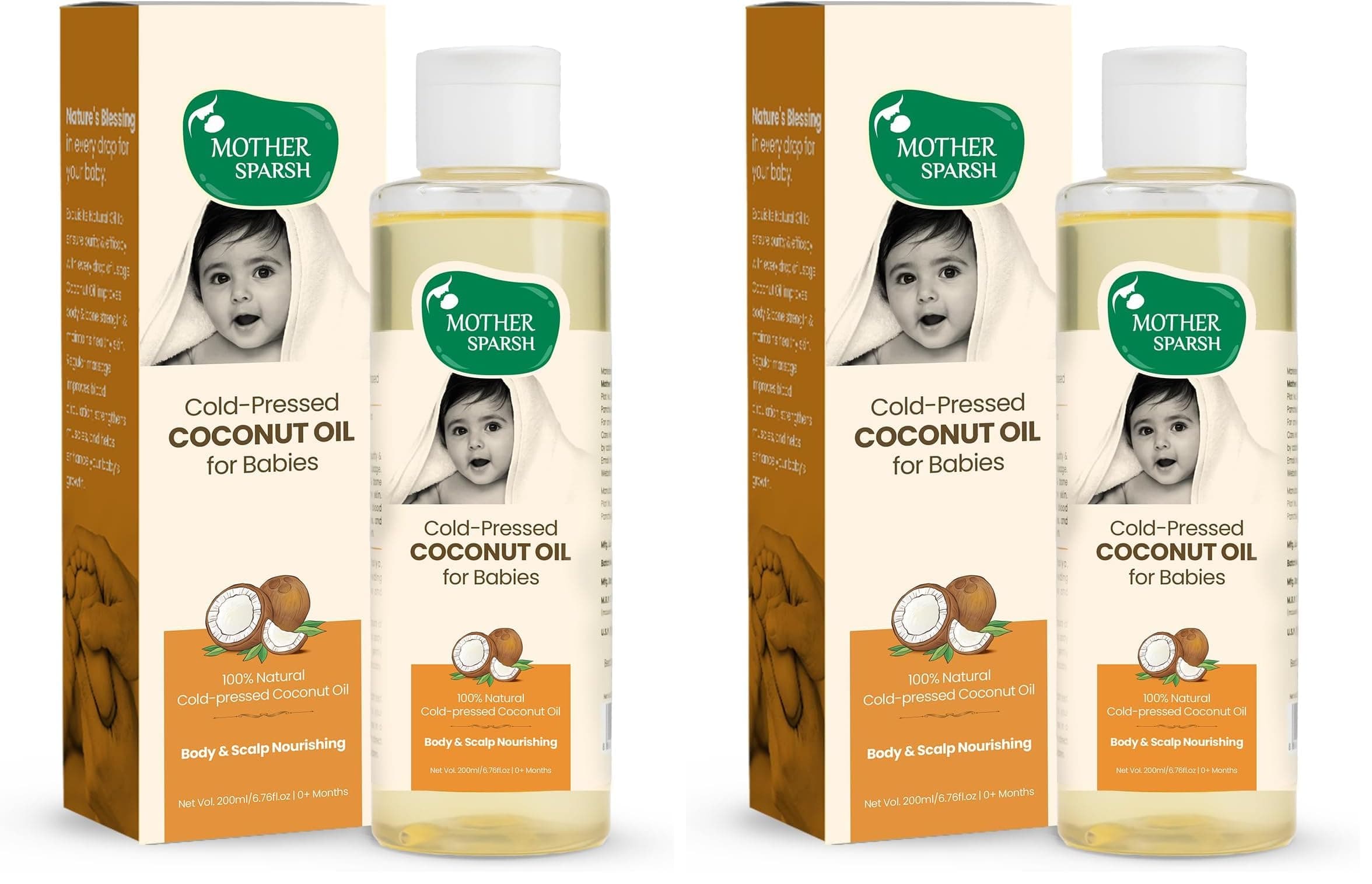 Mother Sparsh Cold Pressed Coconut Oil for Baby Massage, Skin & Hair Care | 100% Natural Baby Oil for New Born | 200ml (Pack of 2)
