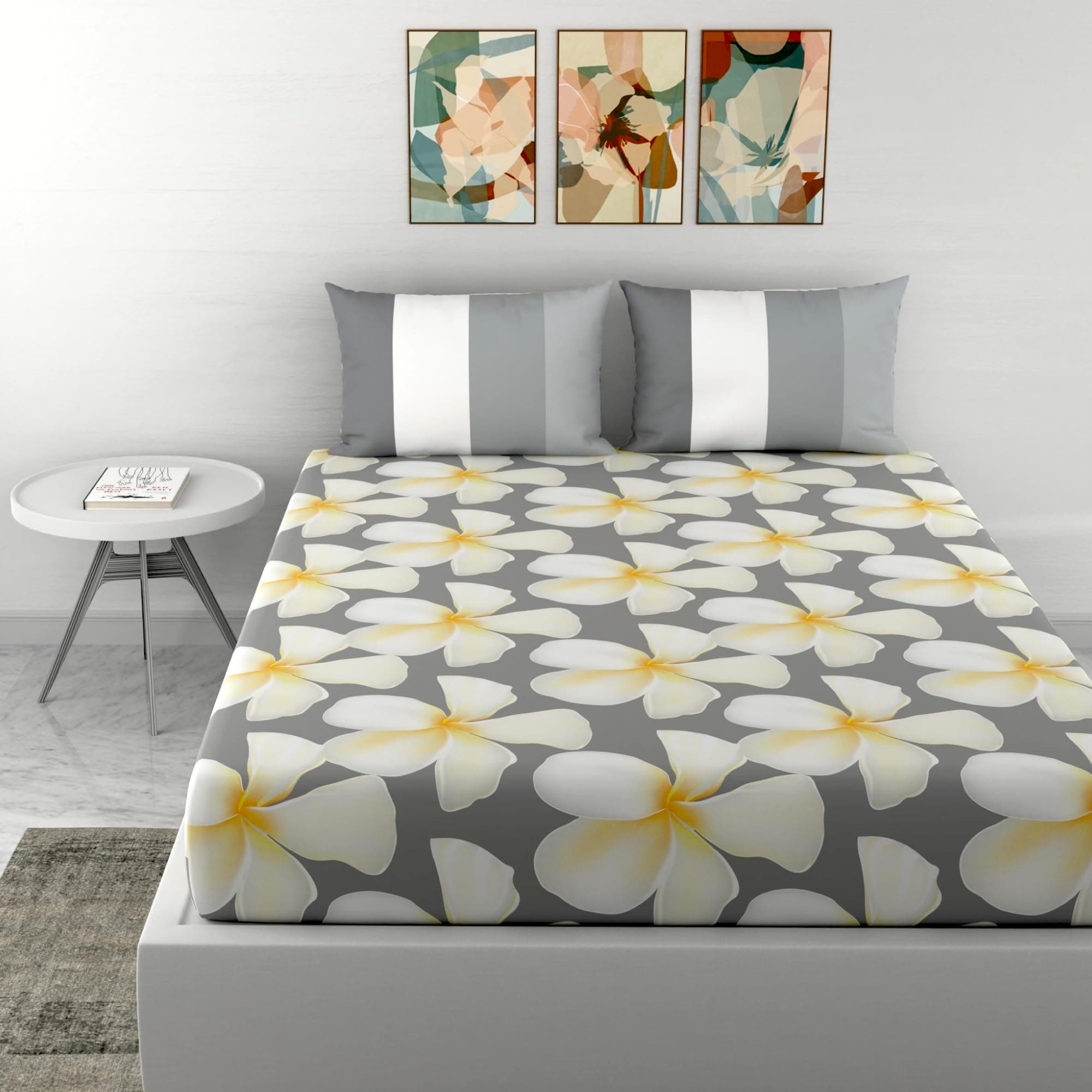 LORETO - A QUALITY LINEN BRAND 100% Cotton Bedsheet for Double Bed, 1 Double Bedsheet with 2 Pillow Covers | 144 TC Queen Size Double Bedsheet Cotton, Floral (White & Grey)