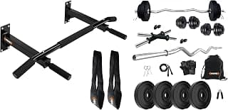 Kore K-WM-CHINUP-BAR-SR-ABS Pull-Up Bar and Ab Strap Combo With PVC 10KG Set, 3 Ft Curl, Dumbbell Rods, Gym Bag and Accessories, Multicolor