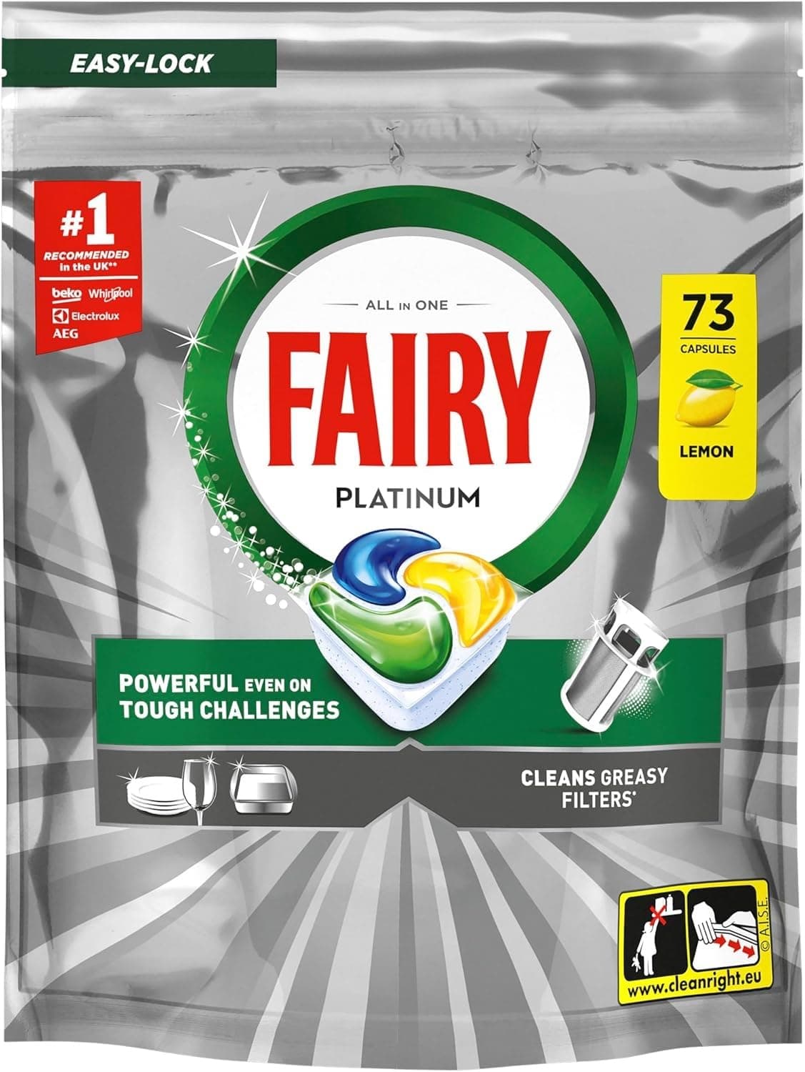 Fairy Platinum Dishwasher Tablets, Lemon, 73 Capsules, Tackles Tough Challenges, Greasy Filter