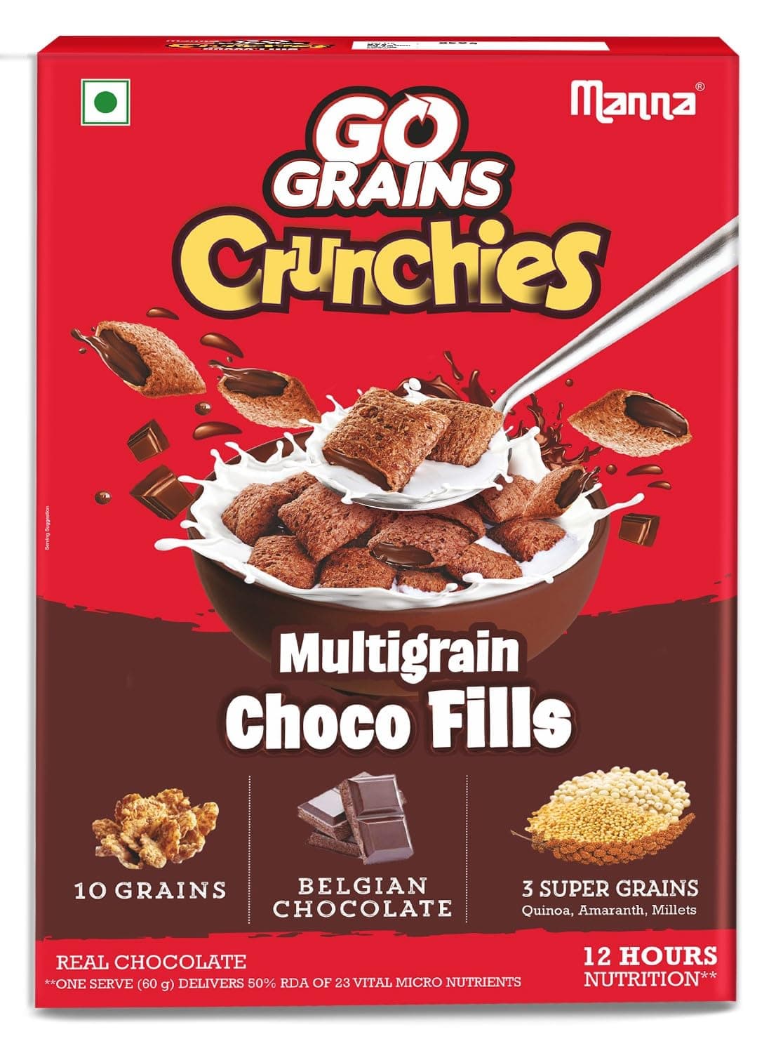 Manna Choco Fills 450G Multigrain. Zero Maida, 10 Grains Protein & Fibre Rich Breakfast Cereal Or Anytime Snack. Go Grains Chocolate Crunchies, 12 Hour Nutrition In Bowl