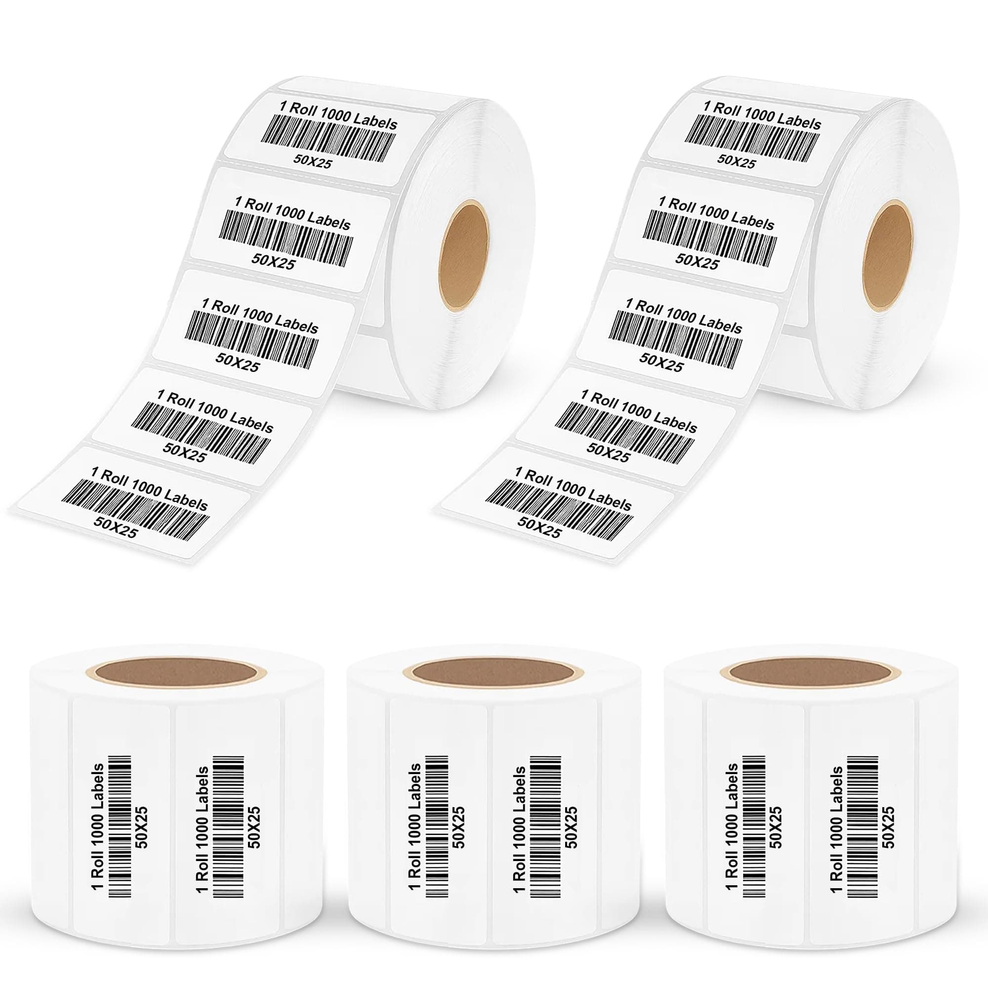 50x25mm Thermal Sticker Labels Roll (2x1 Inch) – Direct Thermal Barcode & MRP Label Stickers, 1000 Labels Per Roll, Pack of 5