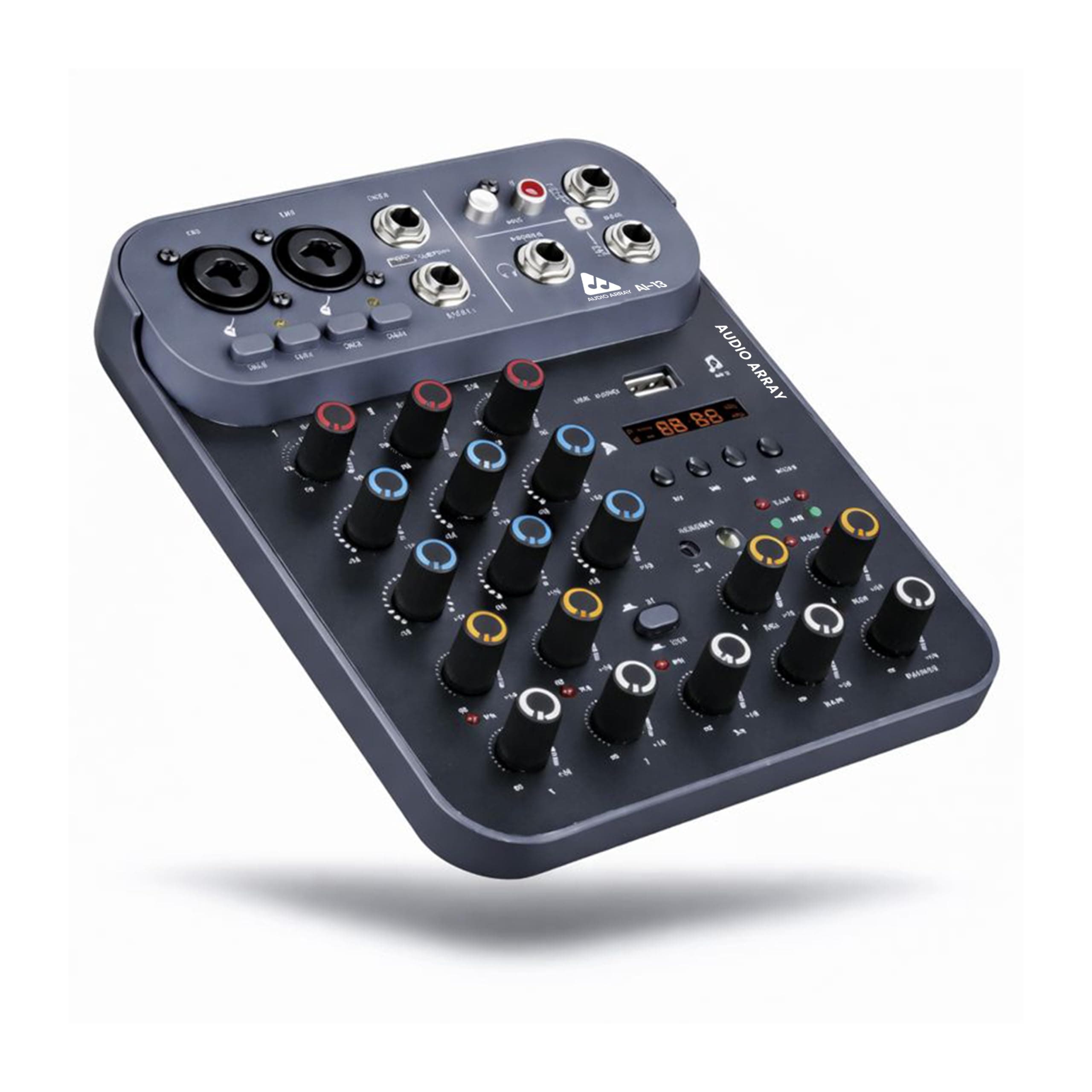 Audio Array Sound Mixer 2026 Edition Audio Mixer 4 Channel Hybrid USB Control | 4 Analog 2 Digital | 2XLR Mic Inputs,TRS Stereo In |48V Phantom | Hi-Z,2 Band EQ,Monitoring,Amp Out, USB-C Power | AI-13