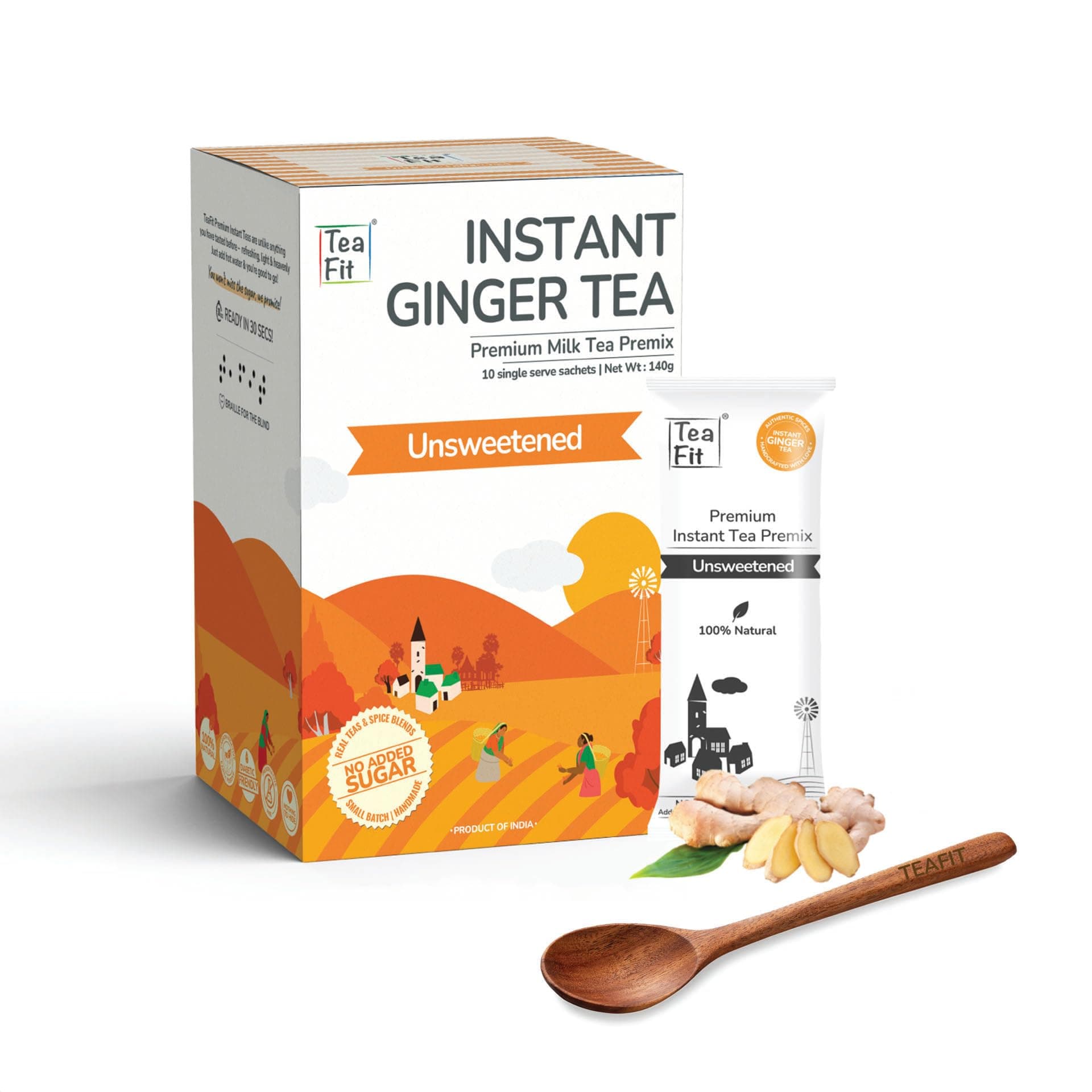 TeaFit NO SUGAR Instant Ginger Tea Premix (Pack of 30 Sachets + Spoon) | Strong Kadak Adrak Chai | Detox & Weight Loss Sugar Free Chai | Diabetic Friendly | Ayurvedic Healthy Tea Premix