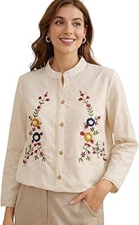 RIEKA Women's Off White Cotton Shirt with Multicolour Floral Embroidery Button Down Mandarin Collar Relaxed Fit Casual Wear Top (RS-TOP-64)