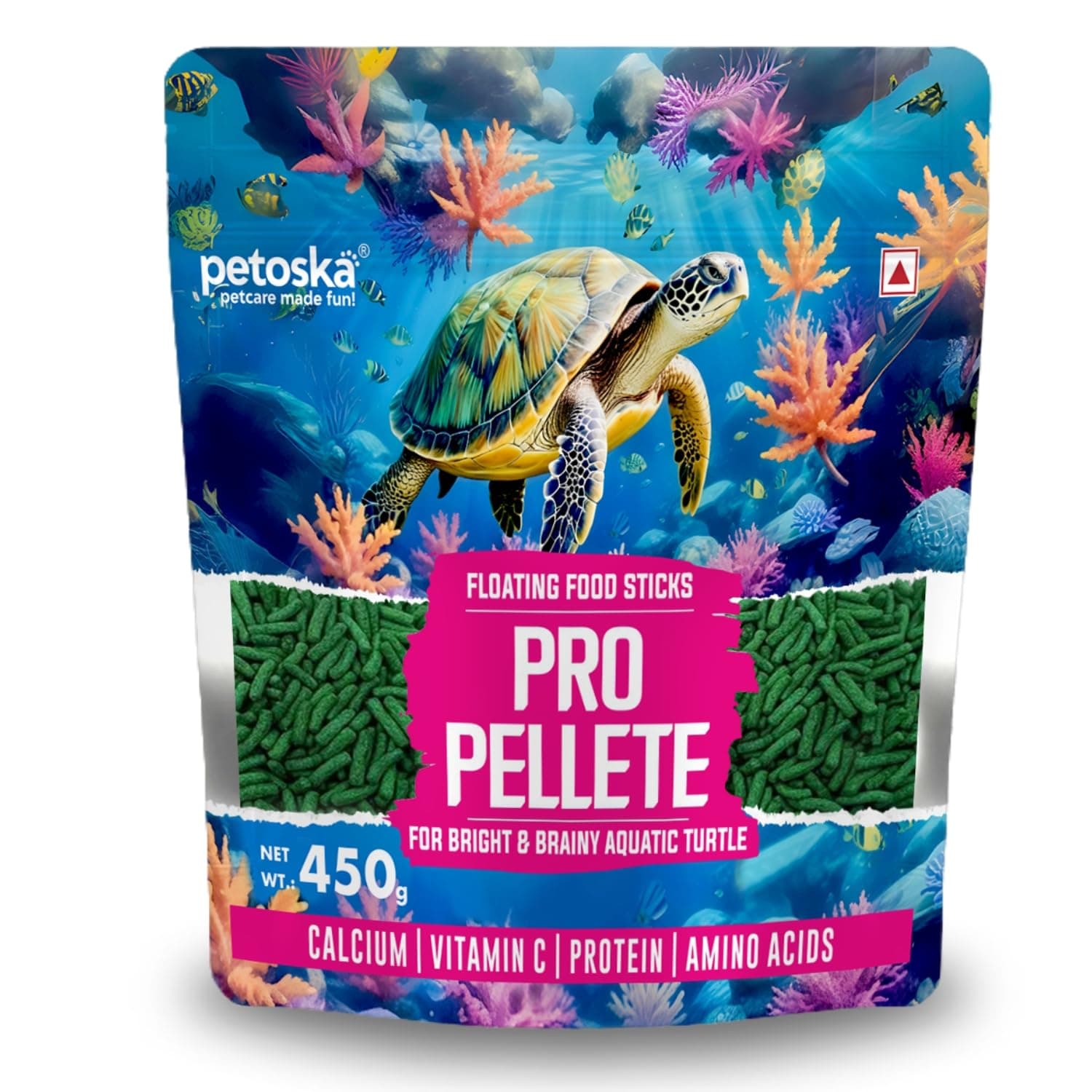 Petoska Pro Pellets Turtle Food | Floating Food Sticks for Aquatic Turtles | Calcium, Vitamin C, Protein & Amino Acids | Supports Healthy Growth, Shell Strength & Vitality | 450g