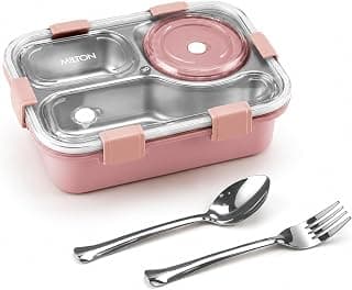 MILTON Meal Caddy Bento Stainless Steel Lunch Box, 3 Compartments, 4-Side Lock, with Tray, Spoon, Fork & Container for Kids, School, Office, Travel, BPA Free, 750 ml, Pink