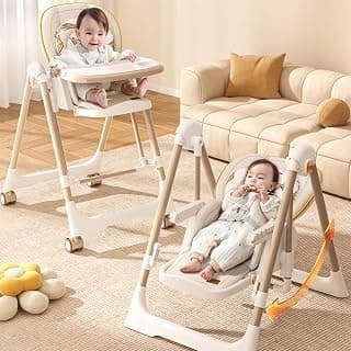 R for Rabbit Marshmallow Smart 2-in-1 High Chair with Swing for Baby, Adjustable Height, Dual Tray, Reclinable Backrest & Footrest Feeding Chair for 6 Months to 5 Years Kids |(Abstract Beige)