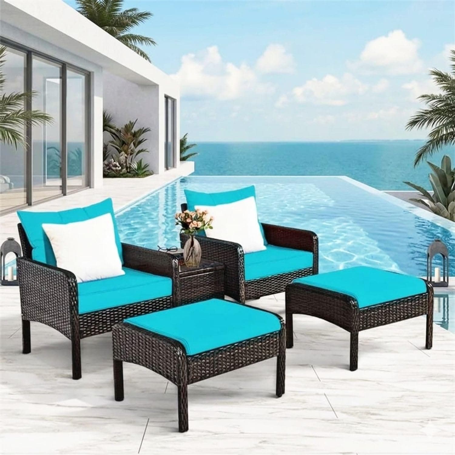 DEVOKO 5 Pieces Wicker Patio Furniture Set Outdoor with Ottomans & Coffee Table for Poolside, Garden, Balcony (Dark Brown & Sky Blue)