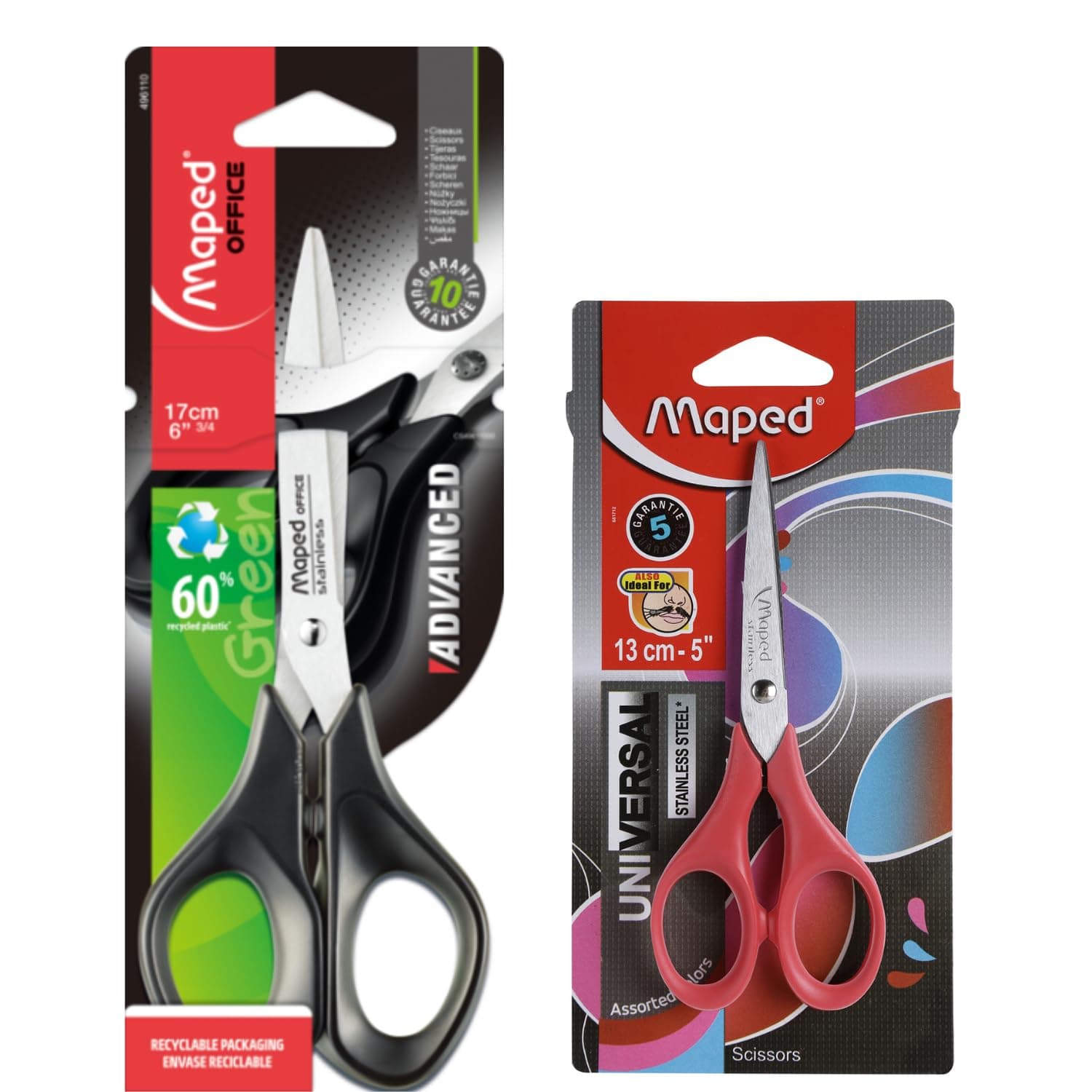 Maped 2pc Scissors Set- Black & Red| 17cm & 13cm| Ideal for daily use at Home,Crafting, office work|Comfortable Ergonomic Handles