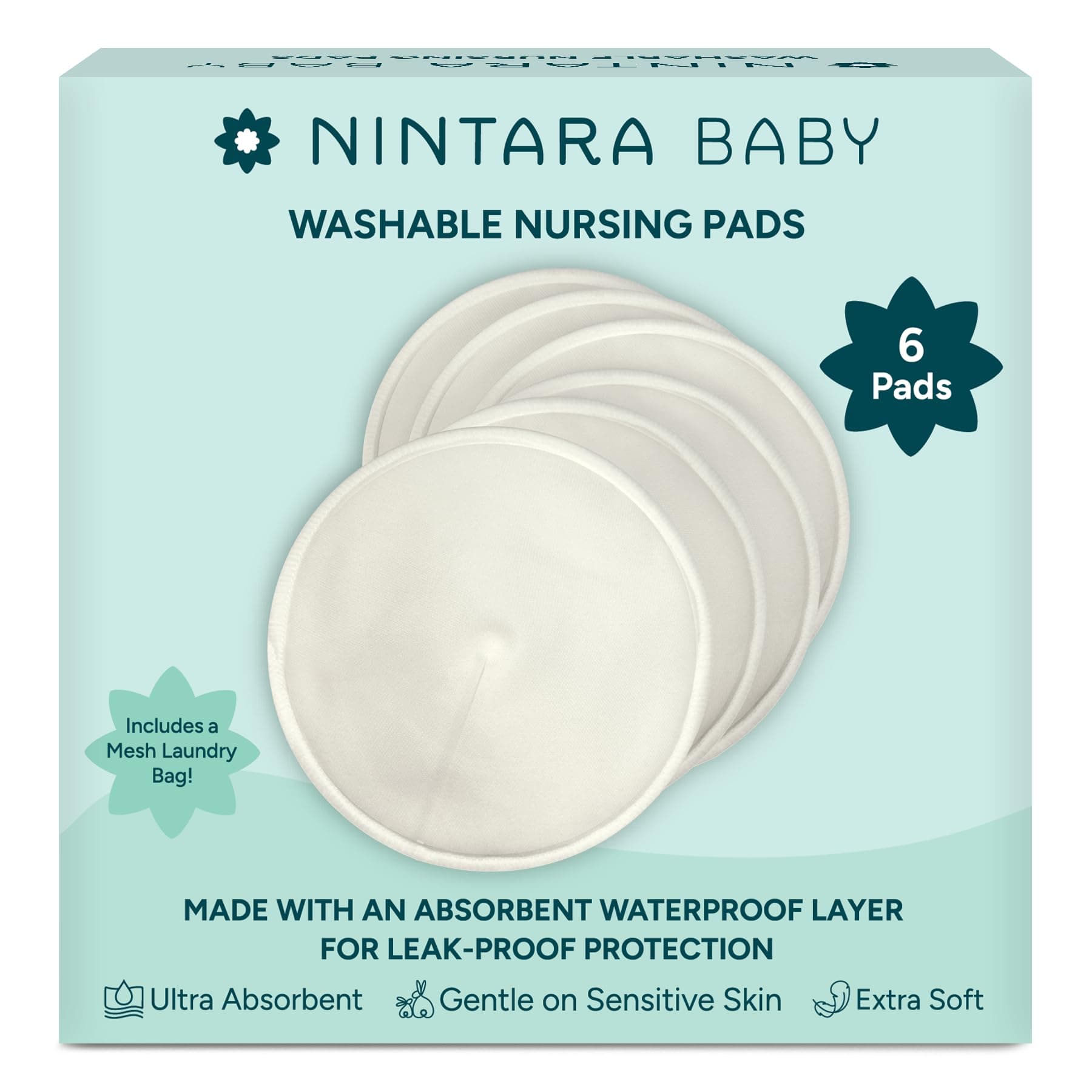 Nintara Baby Reusable Nursing Pads – 4-Layer Organic Bamboo Fiber, Ultra-Soft, Absorbent & Leak-Proof, Contoured Comfort Fit, Pack of 6 with Laundry Bag