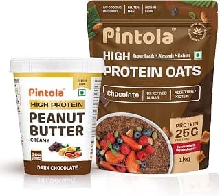 Pintola Fitness Combo: High Protein Chocolate Flavour Creamy Peanut Butter 510g, Added WHEY Protein, 6.2g Fiber, Gluten Free, No Trans Fat & 25g High Protein Dark Chocolate Oats 1kg, No refined sugar