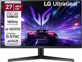 LG 27GS60F 68.5 cm(27 Inch) UltraGear FHD(1920x1080) IPS Gaming Monitor, 1ms, 180Hz, HDR10, sRGB 99%(Typ.), NVIDIA G-SYNC Compatible, AMD FreeSync, Anti-Glare, HDMI, DP, HP Out, Tilt Adjustable, Black