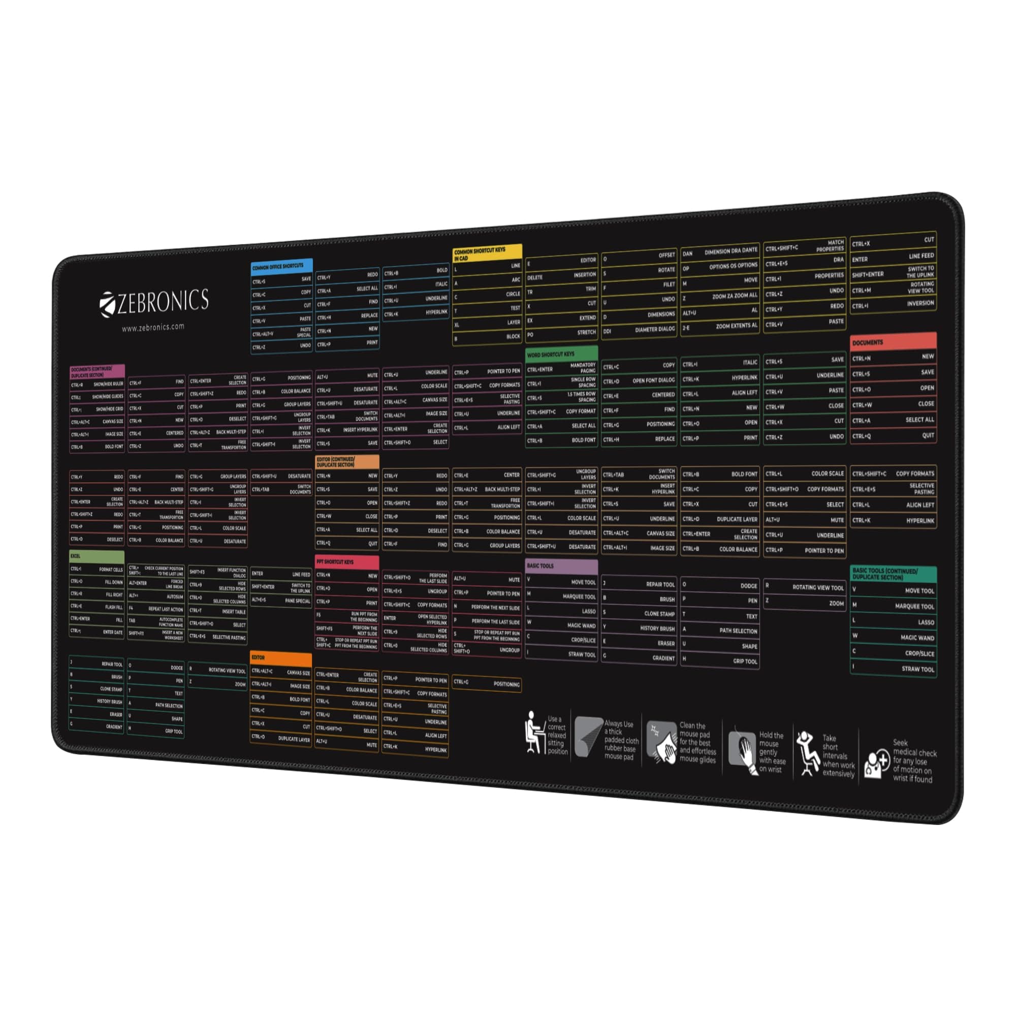 Zebronics Mouse Pad, 80 x 30 x 0.2 cm Extended Size, Ultra-Smooth Glide, Anti-Slip Rubber Base, Anti-Fray Edges, Durable Build, Comfortable Surface (MSP XL, Shortcut Key)