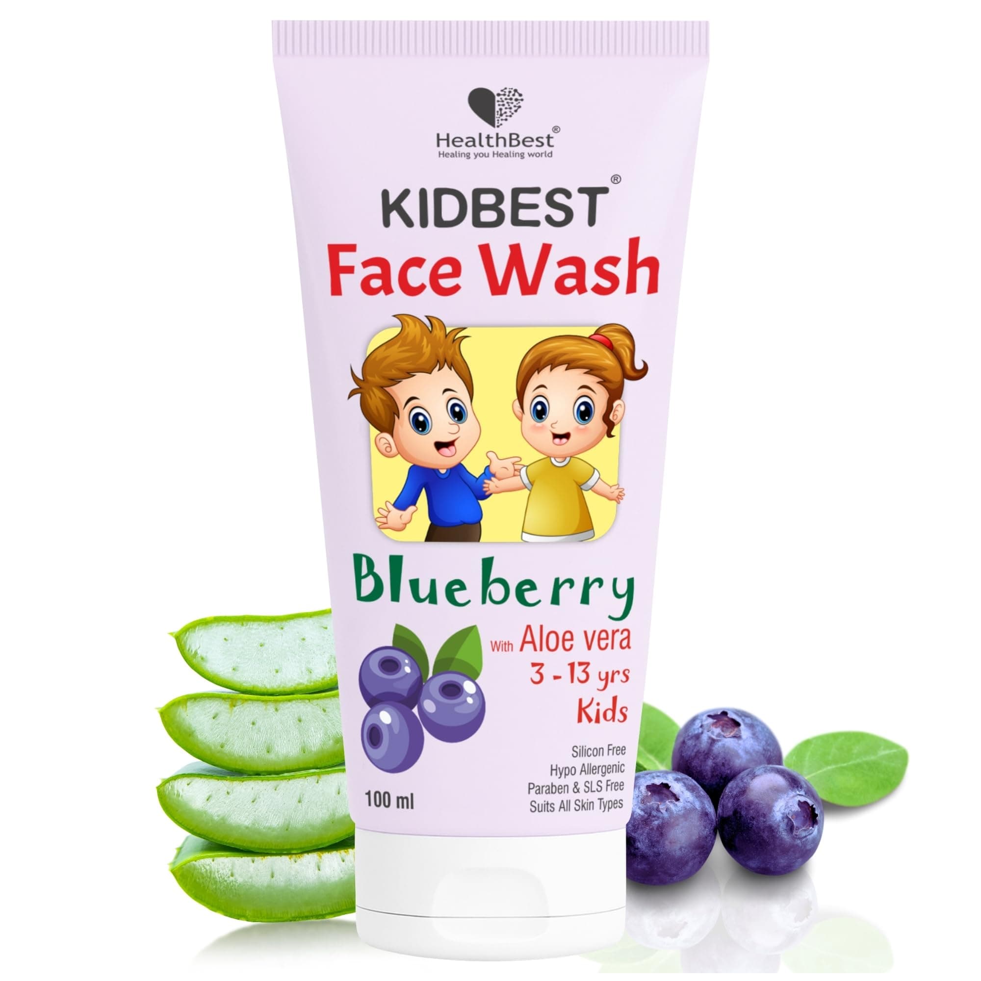 HealthBest Kids Blueberry Face Wash for Pimples & Oily Skin (3–13 Years) 100ml - Gentle Deep Cleansing Multivitamin Face Wash for Boys & Girls, Tear-Free, Soap-Free, Paraben & SLS Free for Daily Use