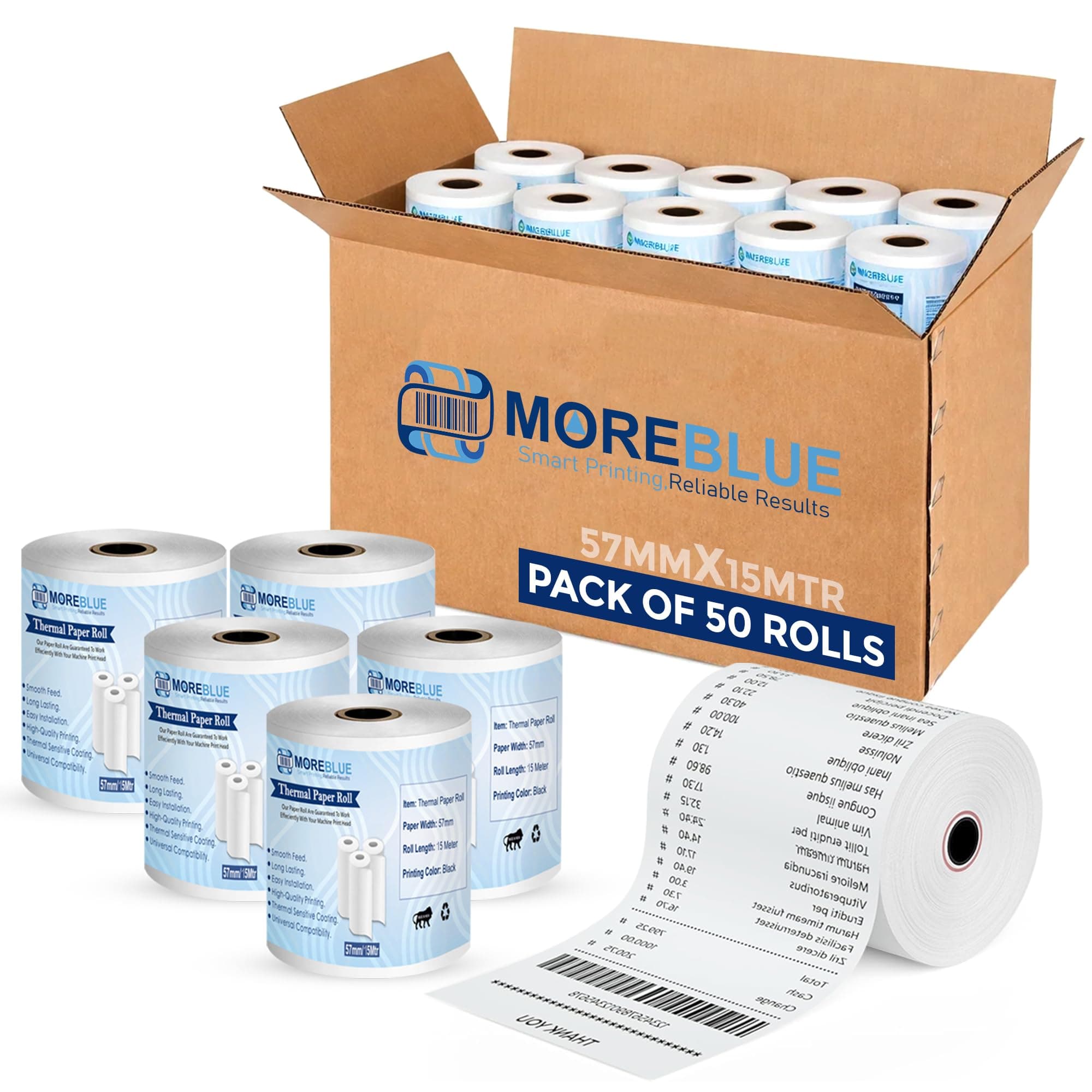 MOREBLUE® Credit Card, Food Bills Direct Thermal Receipt Paper Roll, Pack of 50 57mm x 15 Meter, Ink Free Print for POS, Credit Card Machines, & Petrol Pumps