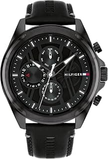 Tommy Hilfiger Men's Black Plated Multifunction Watch with Leather Strap