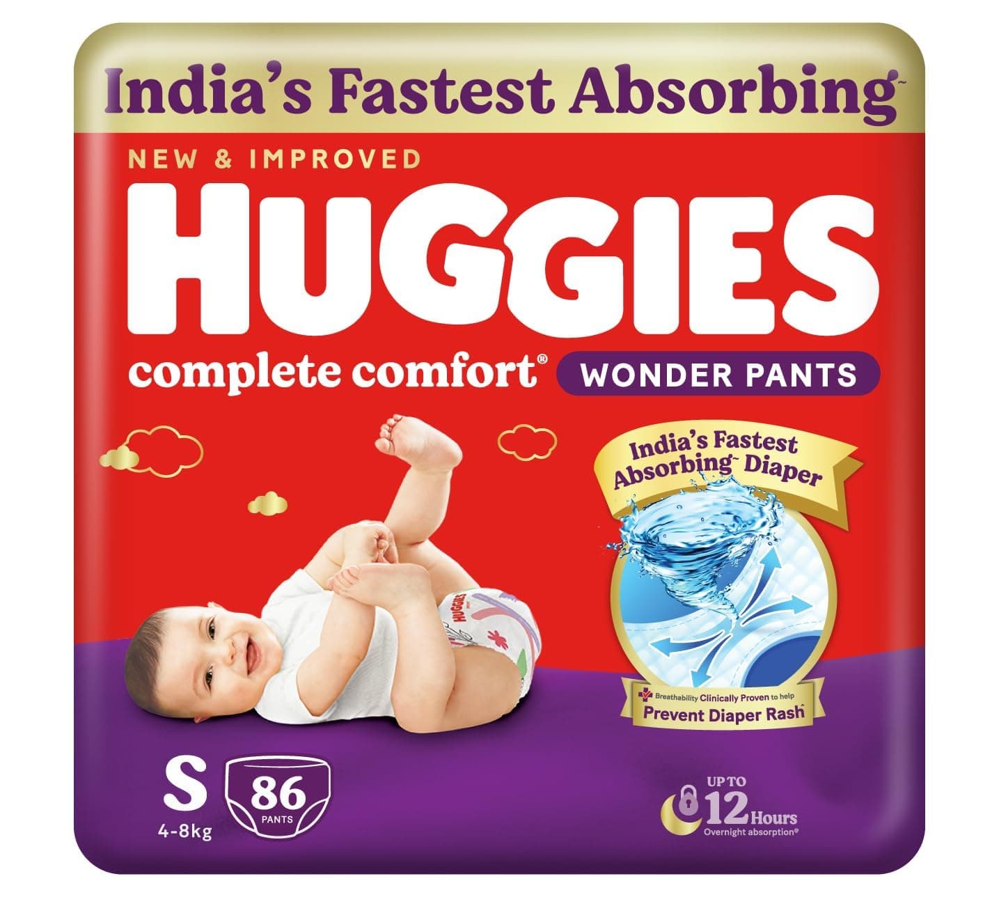 Huggies Complete Comfort Wonder Pants | Pant Style Baby Diapers Small Size (S), 86 Count | India's Fastest Absorbing Diaper, Prevents Diaper Rash, Ideal for 4 to 8 Kgs